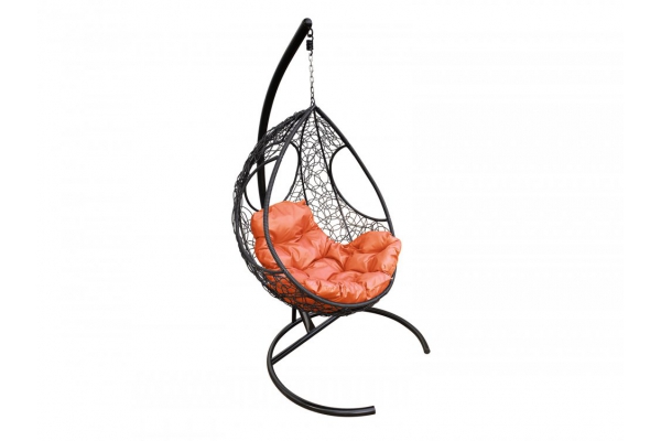 Подвесное кресло Кокон Долька ротанг каркас чёрный-подушка оранжевая