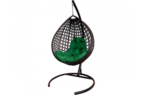 Подвесное кресло Кокон Капля Люкс ротанг каркас коричневый-подушка зелёная