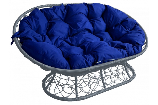 Диван Мамасан с ротангом каркас cерый-подушка синяя