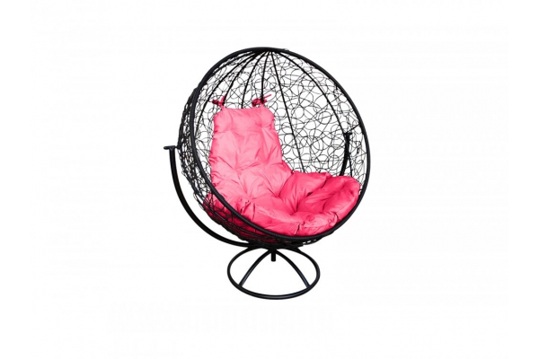 Кресло Кокон Круглый вращающийся ротанг каркас чёрный-подушка розовая